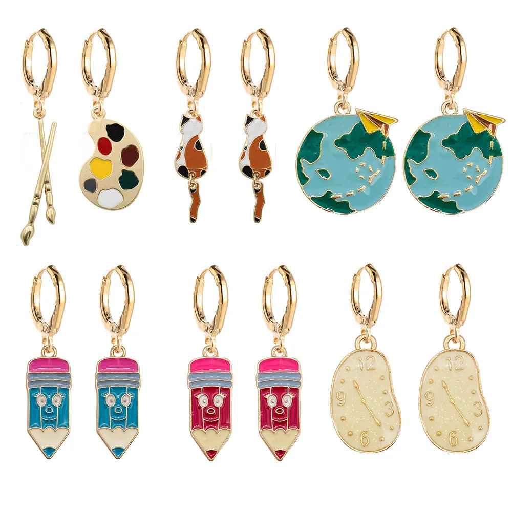 

Креативные Висячие серьги из сплава в палитре, карандаш, будильник, книга, учитель, серьги для женщин, подарки на день учителя