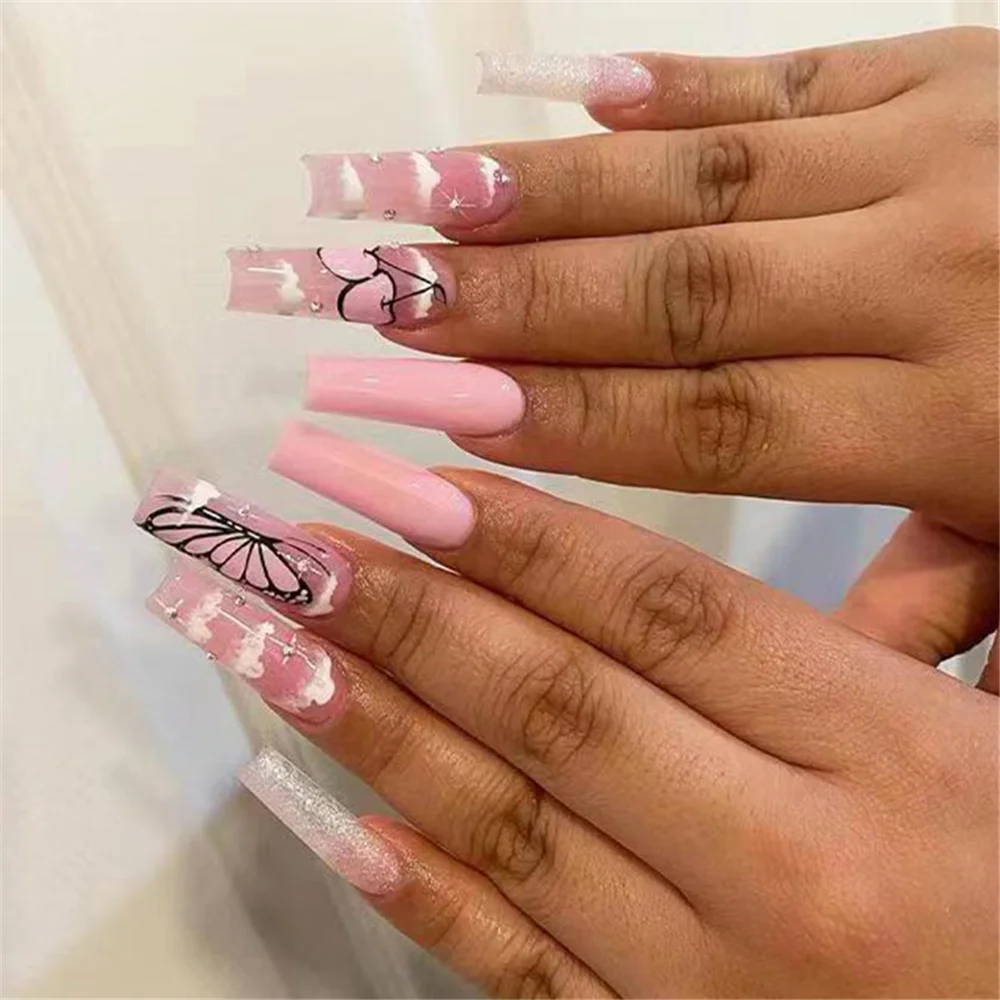 Pink Glitter Long Ballerina Fake Nail Tips French Coffin False Nails With Designs Cute Butterfly Cherry Nails Set Press On Nails