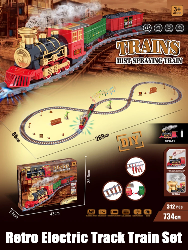 

Набор поездов с паровым локомотивным двигателем, со звуком и искусственным аккумулятором, игрушки для поездов с дымом, подарок для детей на день рождения и Рождество