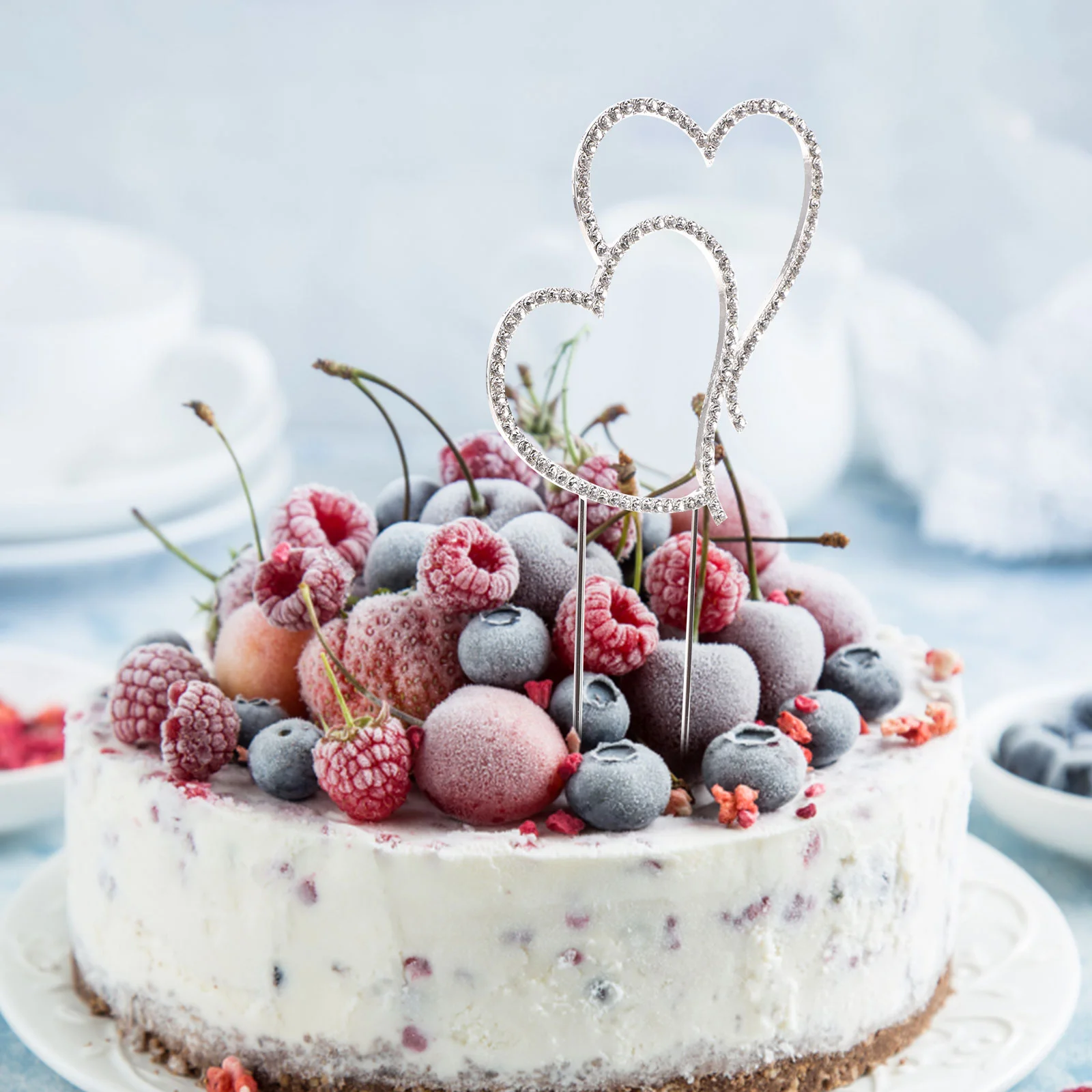 

Cake Wedding Topper Heart Double Rhinestone Love Silver Decoration Cupcake Toppers Decorations Valentines Day Sparkling Picks