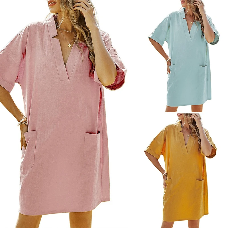 

Women's Solid Color V-Neck Casual Loose Short-Sleeved Dress With Pockets