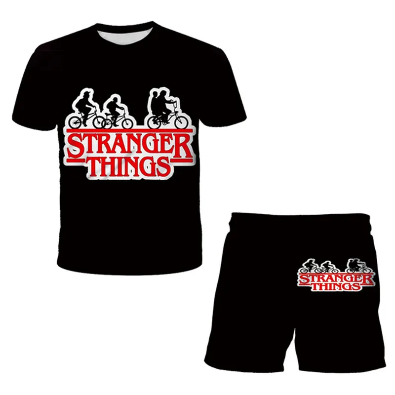 

2022 year boy girl Stranger Things short sleeve shirt Costume T shirt Shorts Two Piece Suit Girls 3D Print Shirt Sports Sets