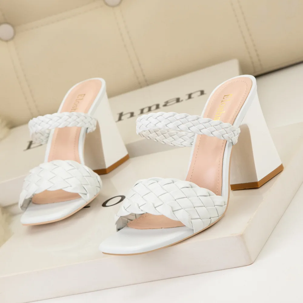 European and American style fashion sexy sandals woven square toe block heel high heel with a belt and wearing women's slippers