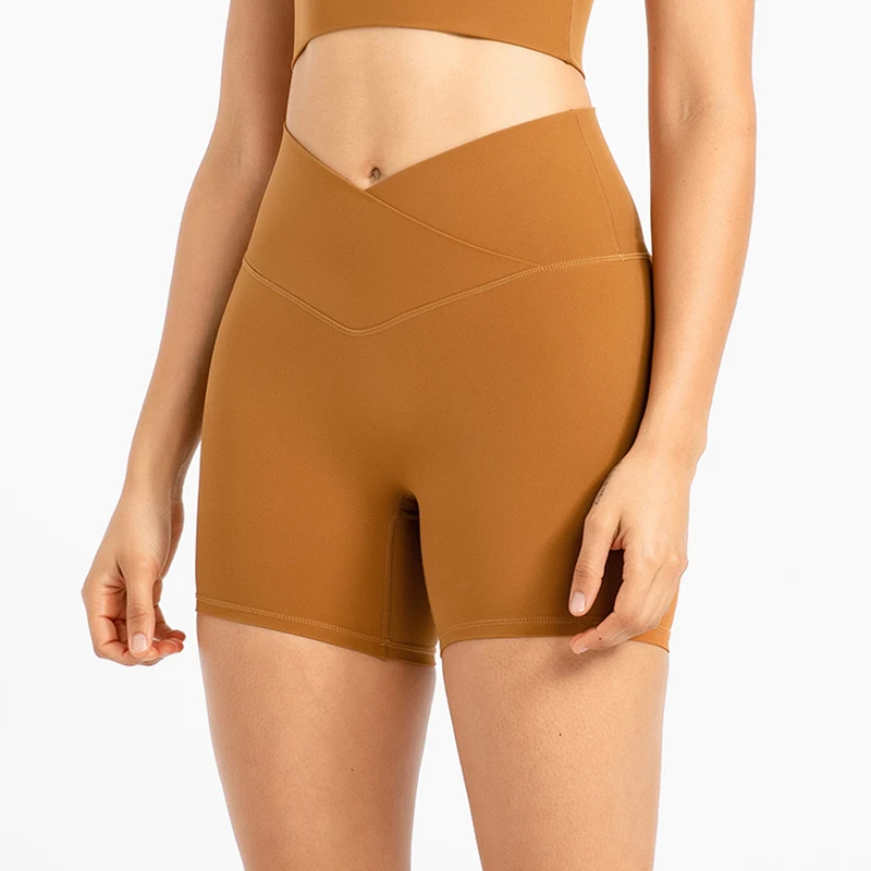 ABS LOLI 5'' Naked Feel Biker Shorts Women Cross Waist Gym Workout Athletic Shorts No Front Seam Fitness Running Sports Shorts