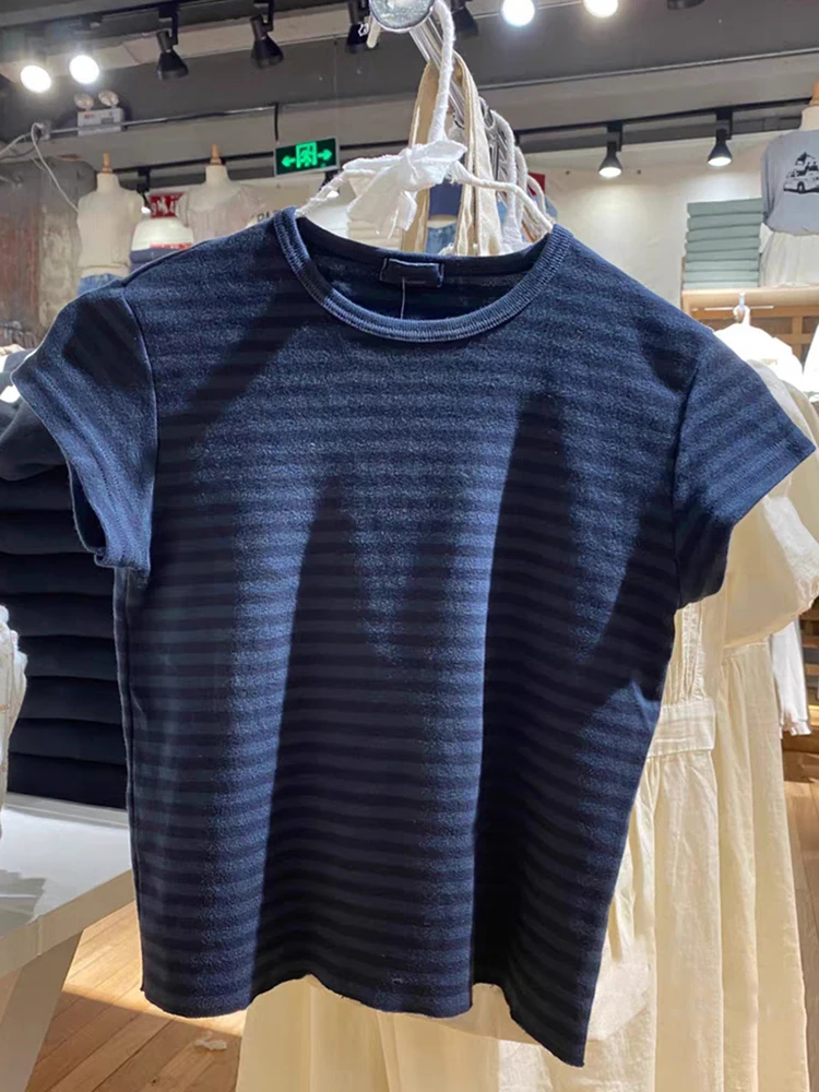 

Женская хлопковая футболка в полоску, с круглым вырезом и коротким рукавом