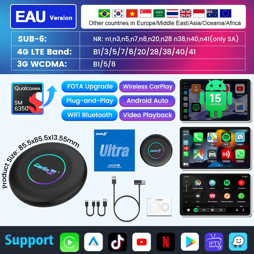 

CarlinKit 3 в 1 Android 15 CarPlay Ai Box беспроводной адаптер Android Auto Qualcomm SM6350 128 ГБ 8 ядер для Youtube Netflix FOTA