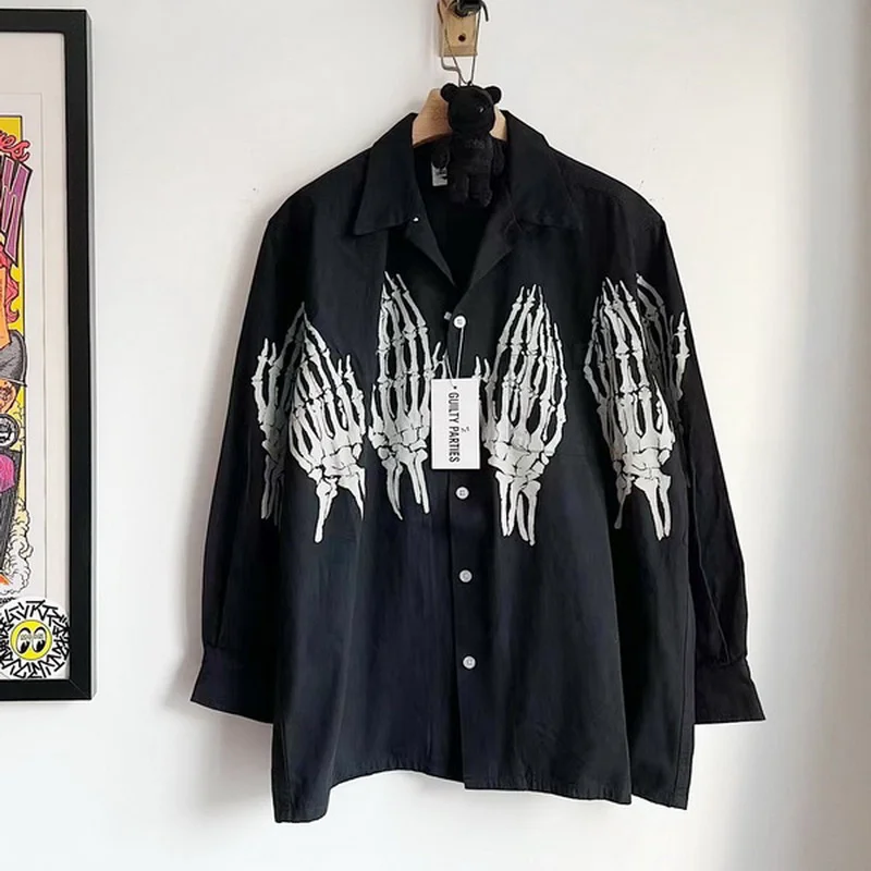 

Maria Long Wacko Sleeve Black Hip Hop Skull Hand Print Men Women 1:1 WACKO MARIA Hawaiian Shirt