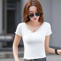 new short short sleeved t shirt summer solid color womens thin v neck t shirt japanese and korean version white new loose top