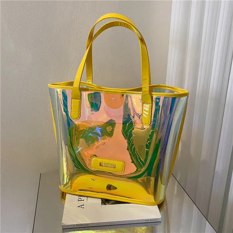 

2023 summer Capacity Fashion Transparent Handbag Jelly Beach Bag Letter Female Steamed Stuffed Bun Mother One Shoulder Tote