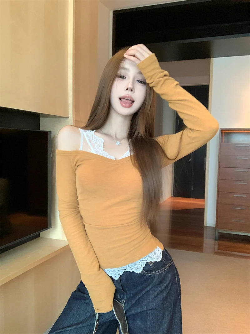 Милая горячая девушка кружевная лоскутная облегающая футболка женская осенняя