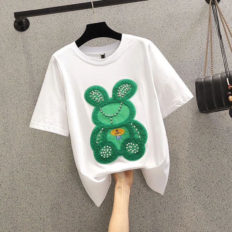 

Y2k Clothes Chic Women T-shirts O Neck Short Sleeve Loose Casual Tees Cartoon Embroidery Little Bear Diamonds Women T-shirts