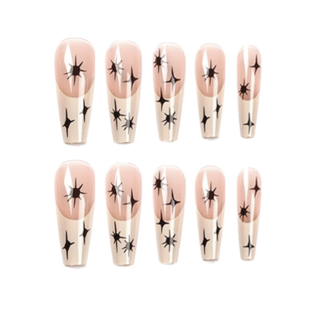 

24Pcs Glossy Beige False Nails Star Print Long Ballet Fake Nails for Women Girls Artificial Nails Fake Nail Pieces NOV99