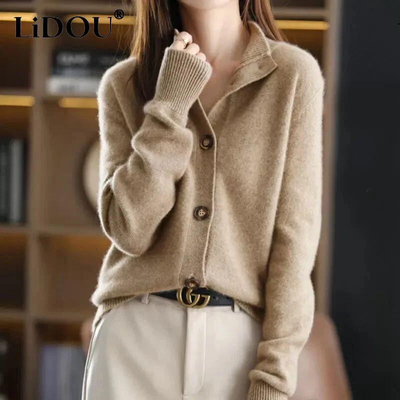 

Autumn Winter Stand Collar Elegant Fashion Buttons Sweater Women Solid All-match Knitting Cardigan Lady Korean Style Warm Coat