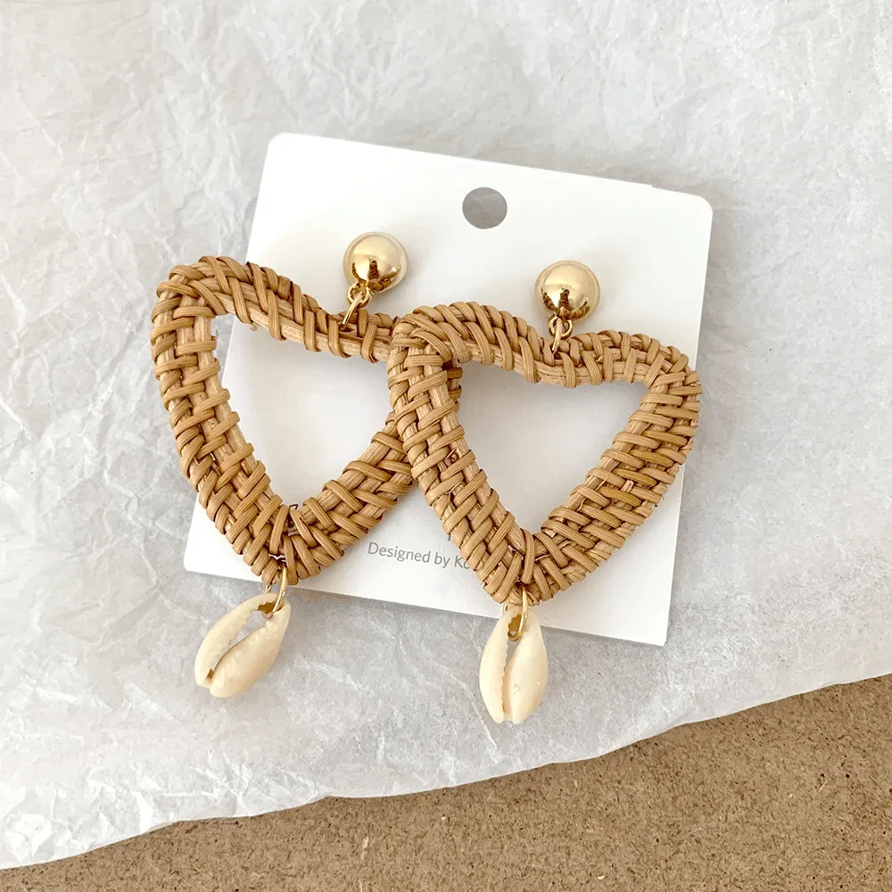 Корейские винтажные серьги из ротанга с геометрическим сердцем серьги-гвоздики