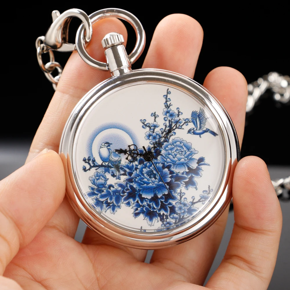 Blue and White Porcelain Fashion Pocket Watch Mechanical Men's Handbag Steam Punk Necklace Fob Watch Chain Roman Digital Clock