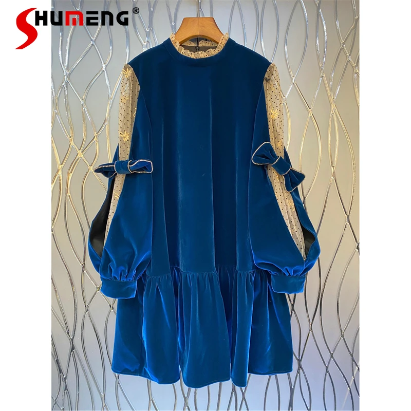 

2022 Spring French Blue Velvet Ruffled Mid Dresss for Women Loose Mesh Splicing Long Lantern Sleeve Pullover Flounced Dress Lady