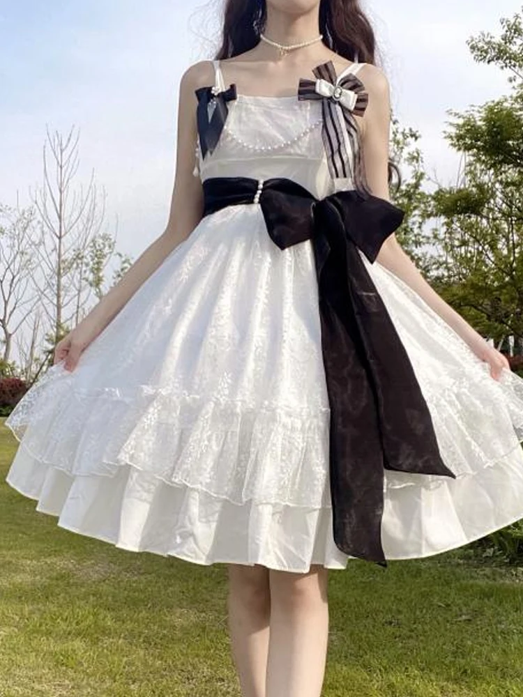 

KIMOKOKM Kawaii Fashion Style Dress Square Collar Bow Belt Lace Ruffle Sleeveless A-Line Sweety Lolita Princess Camisole Dresses