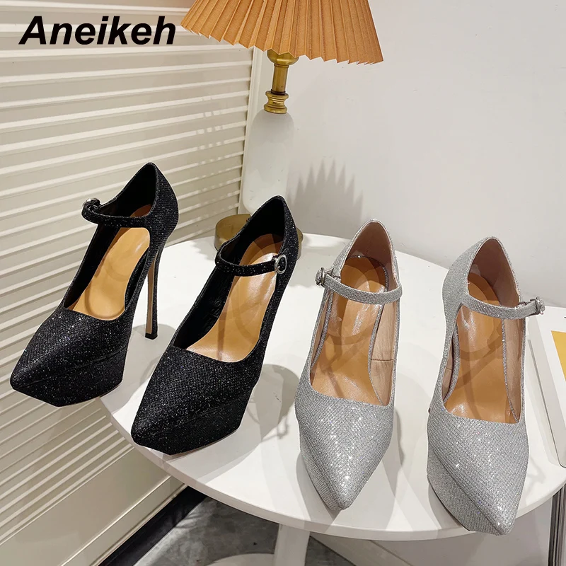 Aneikeh 2023 Sequins Leather Sexy Pointed en Ladies Platform Pumps High Heels Shoes for Women Summer Thin Heels Fashion Shoes