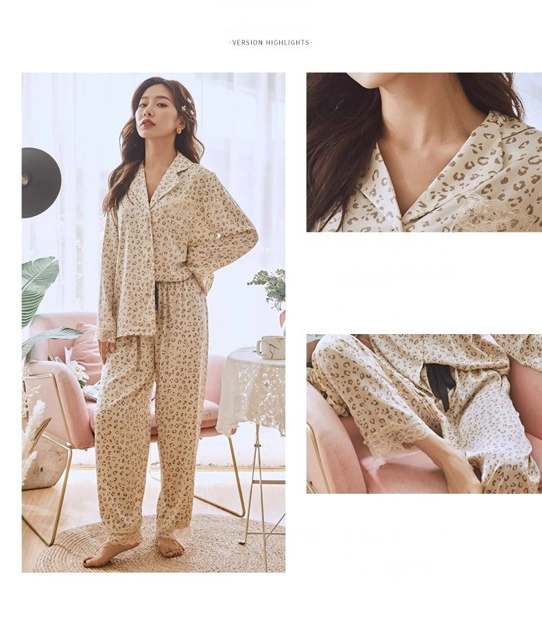 Women's 2 Piece Pajama Set Apricot Leopard Print Pijama Suit Ice Silk Pyjama Female Sleepwear Long Sleeve Shirt Trouser Homewear