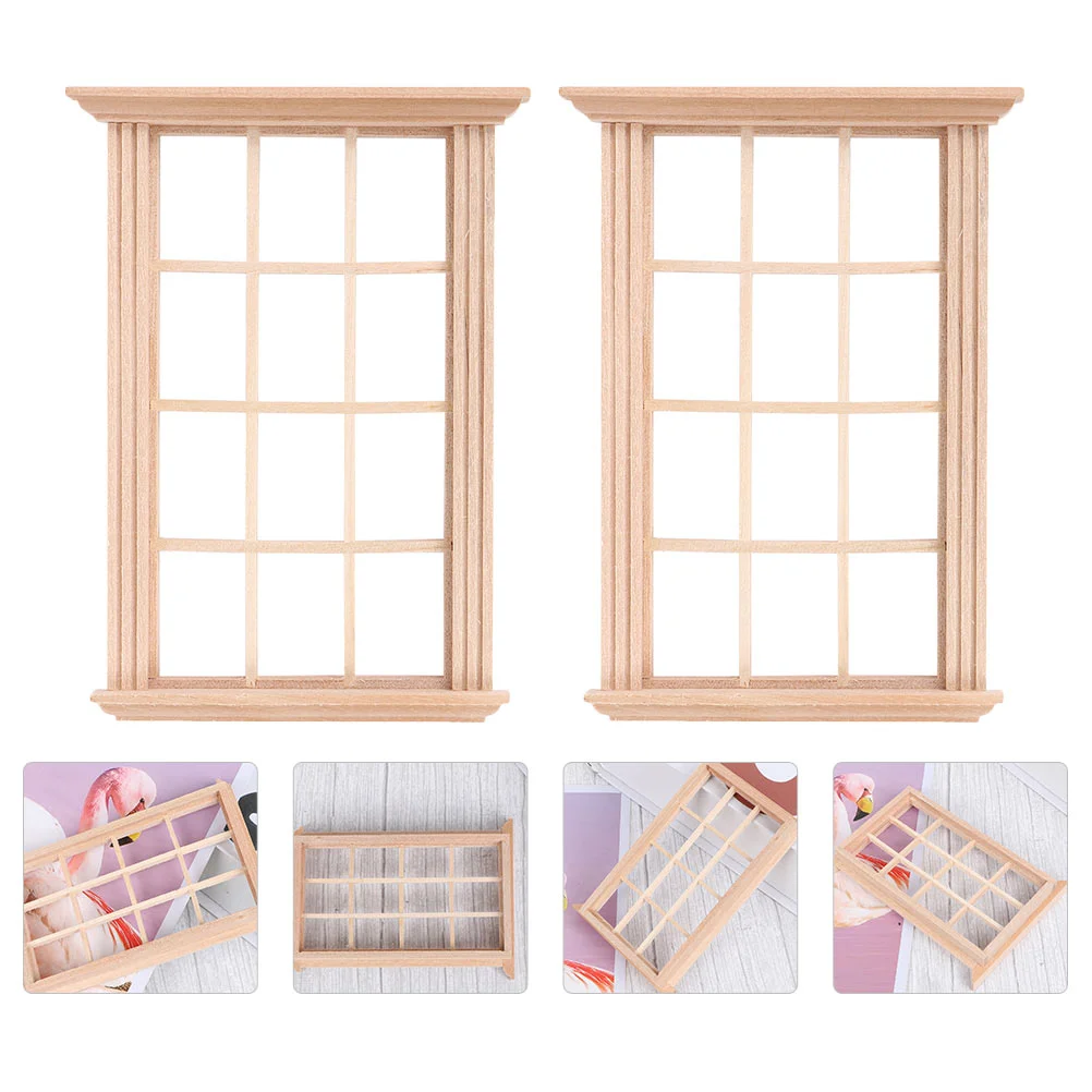 

2pcs Miniature Wooden 4 Pane Window Window Figurine Model