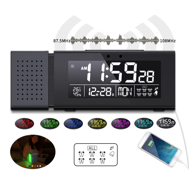 Night Light Digital Alarm Clock Color Led Changing Fm Radio Temperature Humidity Display Clocks