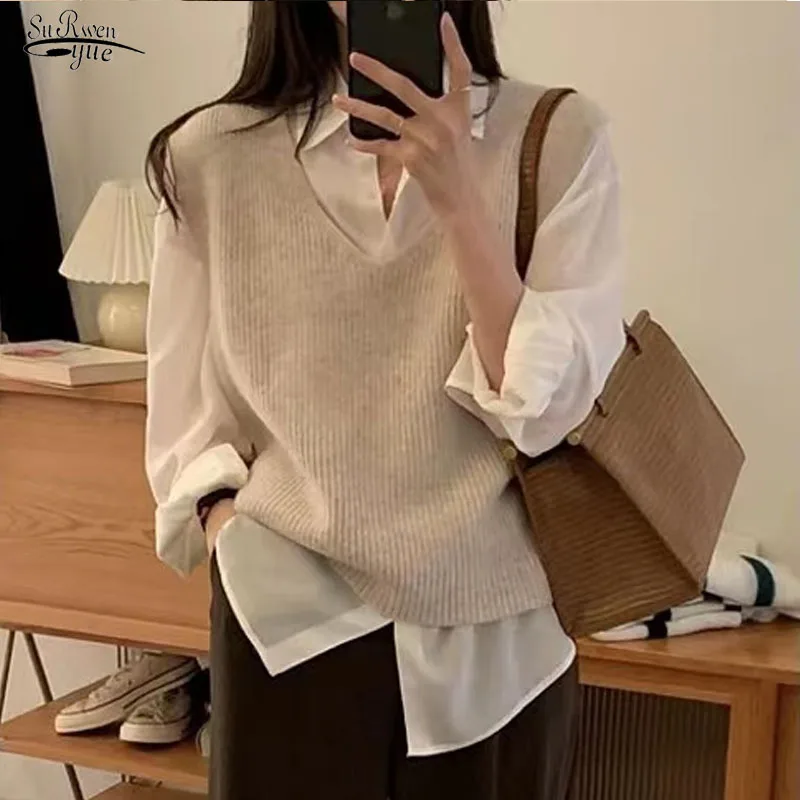 

Женский вязаный жилет с V-образным вырезом, свободный свитер без рукавов, вязаный крючком свитер в Корейском стиле, модель 2022 на осень, 23179