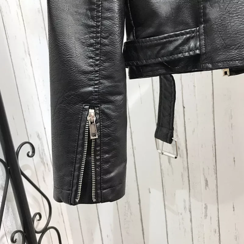 New in 2022 New Autumn Women Winter Faux Soft Leather Jackets Coats Lady Black PU Rivet Zipper Epaulet 3D print Motorcycle Stree