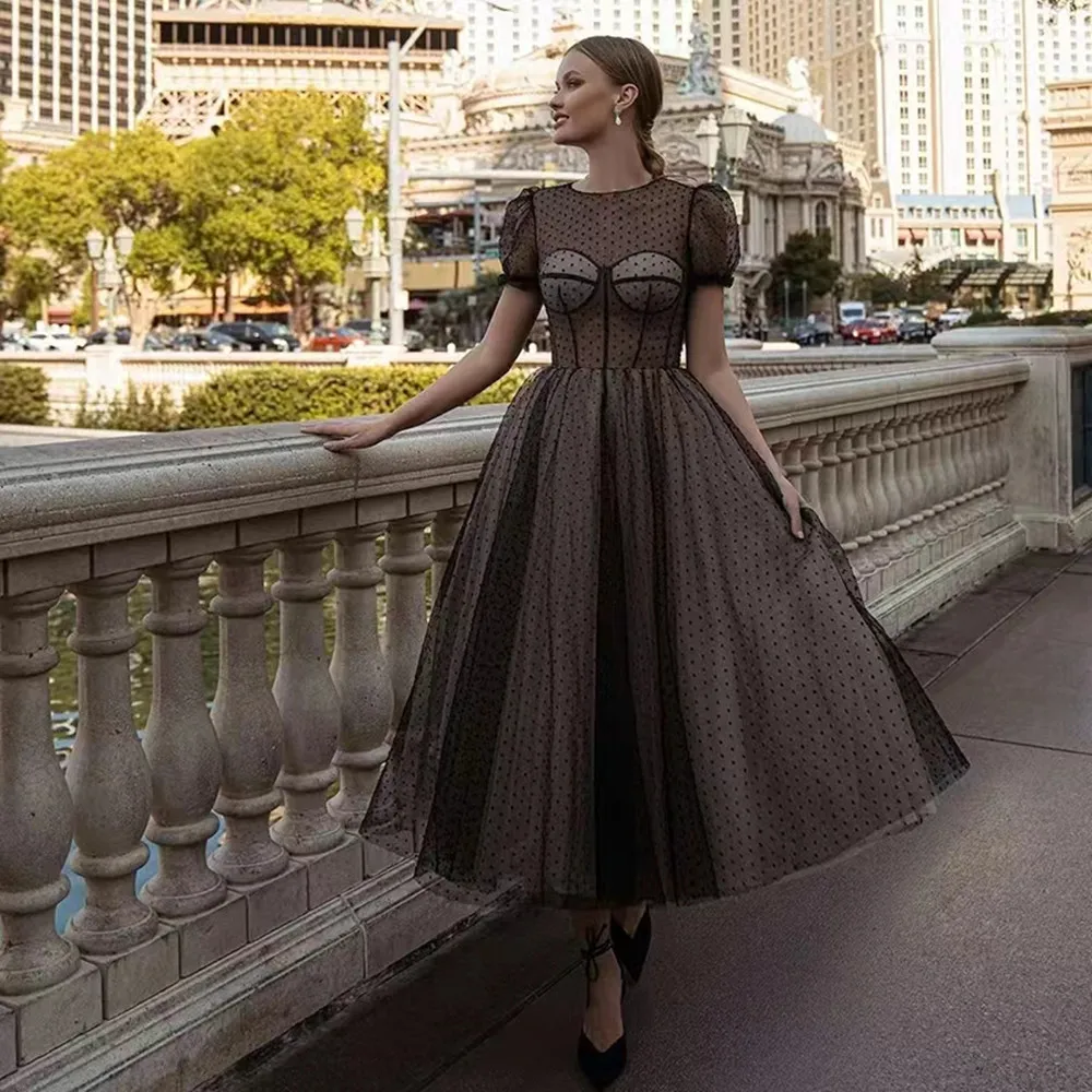 

Black Dotted Tulle A Line Prom Dresses Jewel Neck Short Sleeves Ankle Length Women Party Formal Dress Evening Gowns