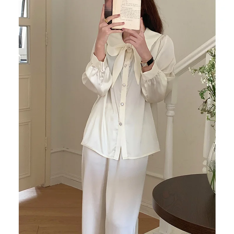 2023 New Arrival Spring and Autumn French Style Bow Ice Silk Pajamas Women's Long-Sleeved French Style Outerwear Home
