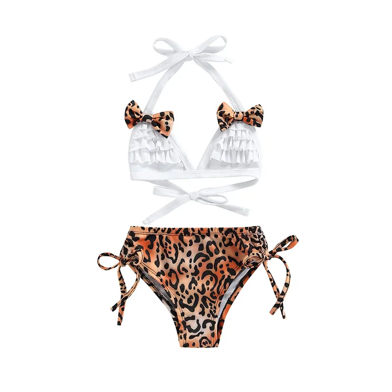 

Baby Girls Swimsuits 2Pcs Leopard Print Bowknot Ruffle Halter Tops and Drawstring Shorts Summer Newborn Kids Cute Beach Tankinis