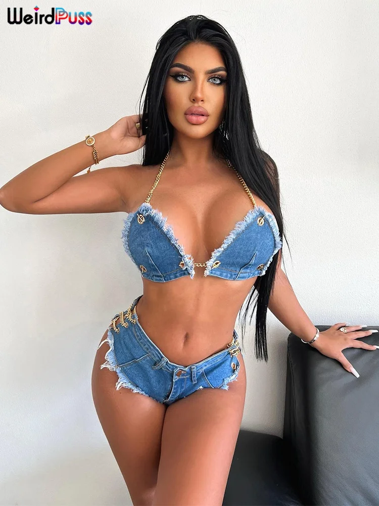 

Weird Puss Beach Style 2 Piece Set Women Chain Denim Vacation Suit Sexy Halter Backless Bra+Zipper Tassel Shorts Solid Matching