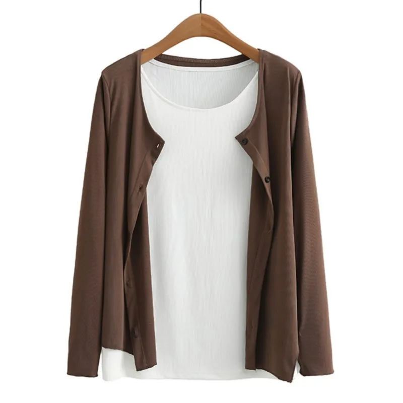 2023 Осенняя Одежда Женщины T-Shirt Плюс Размер Поддельные Две Части Tee Повседневная