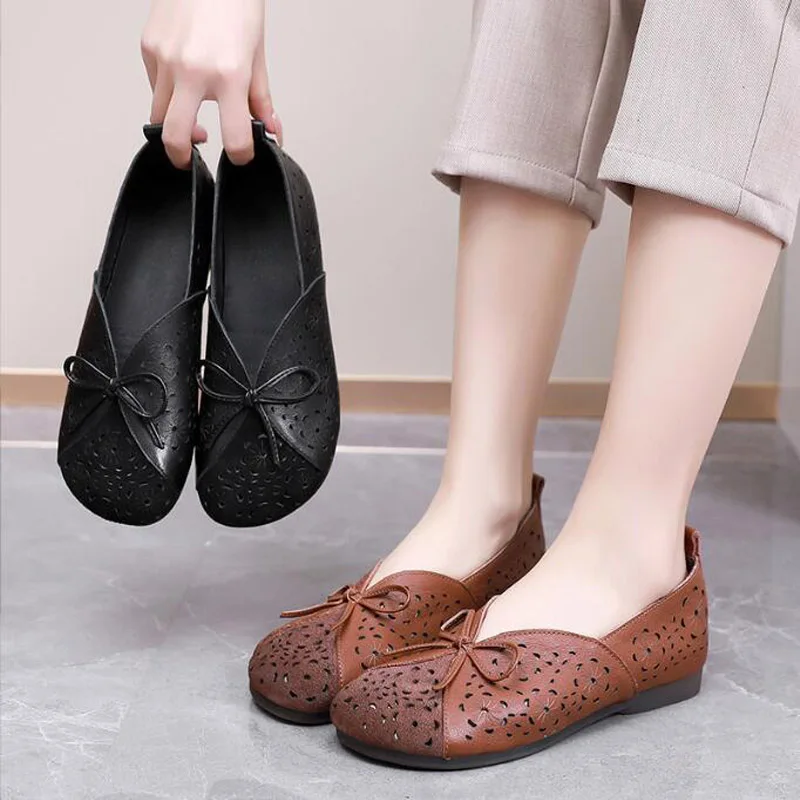 Big Size 35~43 NEW 2023 Spring Walk For Women Flats Mom Genuine Leather Loafers Lazy Summer Mules Sewing Shallow Driving Shoes
