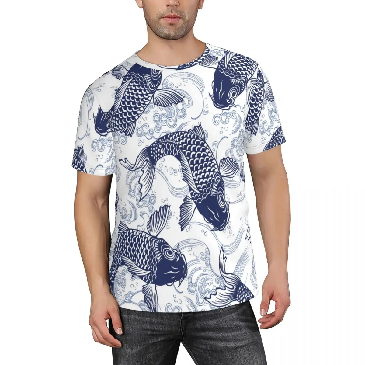 Men's T Shirt Short Sleeve Men T-Shirt O-Neck Blue Fish Carp Koi Wave Pattern Short Sleeve Man Tee Shirt Clothing