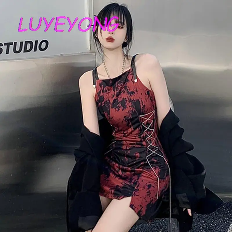 

Женское платье в стиле панк и японском стиле Y2k, длинные платья на шнуровке без рукавов с цепочками в готическом стиле, Крутое мини-платье в г...