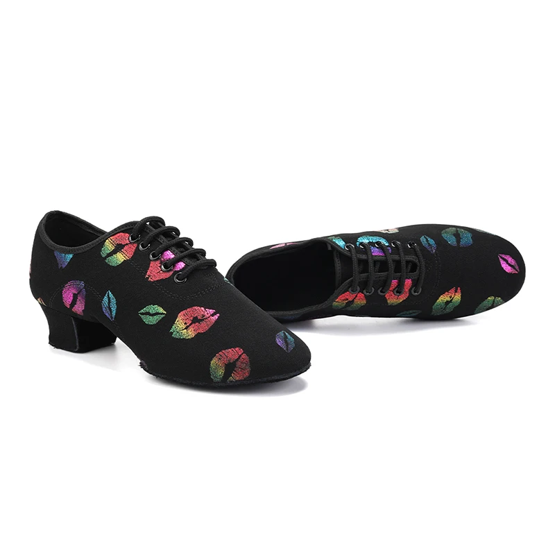 Ballroom Dancing Shoes for Women Colorful Lips Pattern Soft Suede Sole Women's Latin Dance Shoes 5CM 3.5CM Split Heel