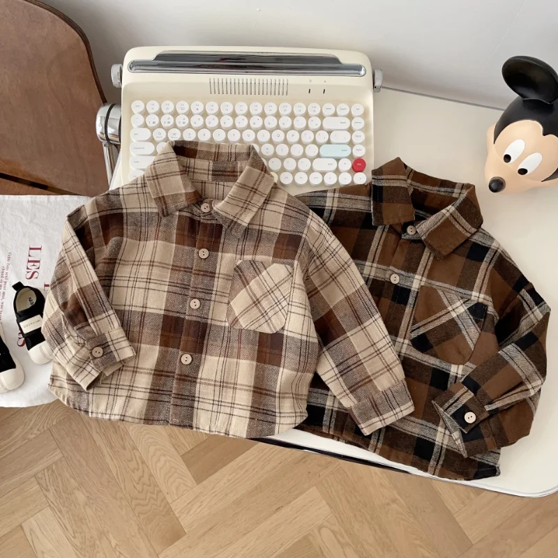

Kids long sleeve plaid shirts Boys classical cotton lapel collar casual shirt Tops