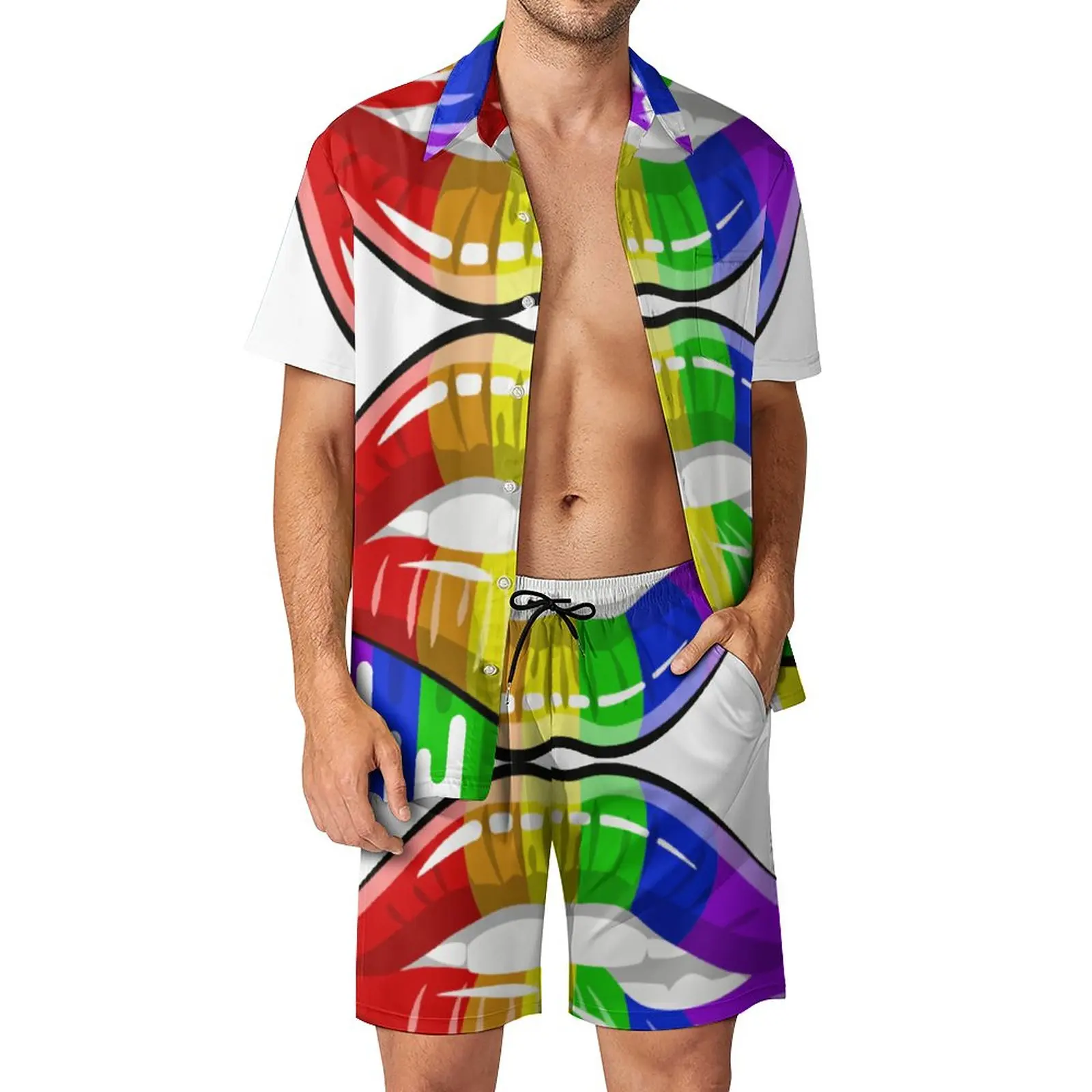 

ЛГБТ губы Радуга флаг цвета мужские наборы гордость Повседневная рубашка комплект Гавайский отпуск шорты летний Графический костюм 2 предмета одежда