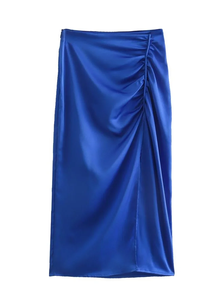 

TRAF Women 2022 Fashion Solid Color Pleated Slit Midi Skirt Vintage High Waist Side Zipper Fitted Female Skirts Streetwear