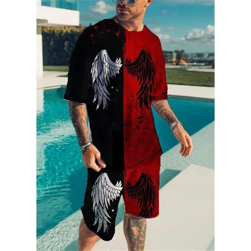 New in Men's Summer Angel Wings Beach Short Sleeve Tshirt 2 Piece Sets Street Tracksuit Print Shorts Man Round Neck Suit Clothin