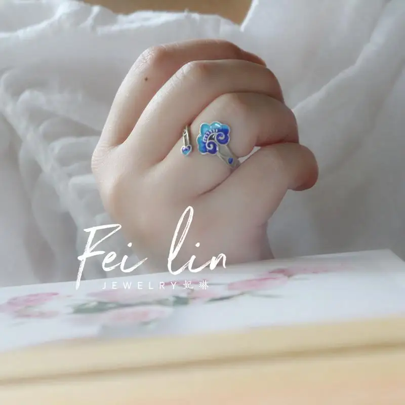

Retro Ring Female S925 Silver Enamelled Original Retro Design Niche Chinese Style National Style Imperial Palace Ruyi Ring