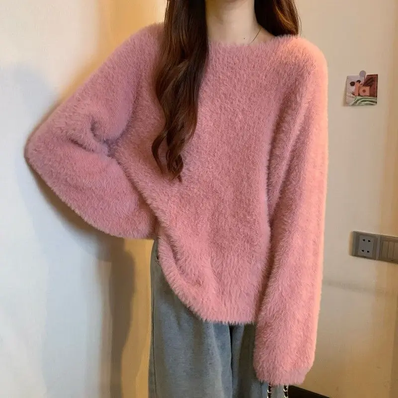 

Autumn Winter Fashion Woman Casual ONeck Pullover Women's Long Sleeve Warm Slim Loose Tees Velvet Sweater Soft Fluffy Gentle