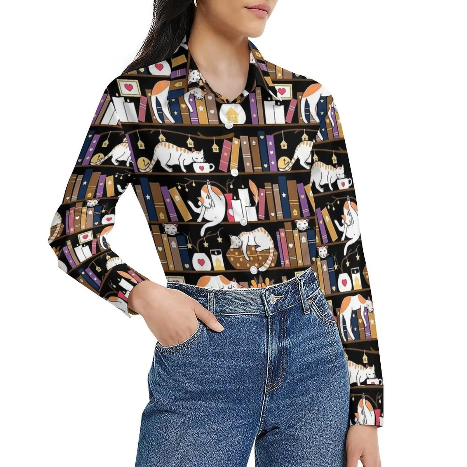 Милая библиотечная блузка с котом женские свободные блузки в уличном стиле