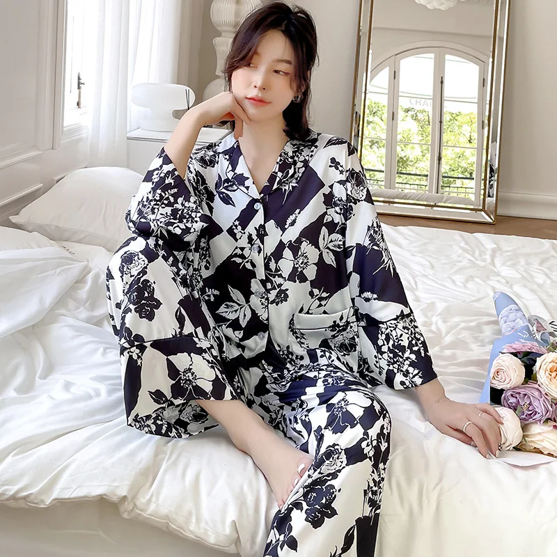 2023 Spring Ice Silk Pajamas Women's Long-Sleeved Suit Palace Style Summer Thin plus Size Homewear