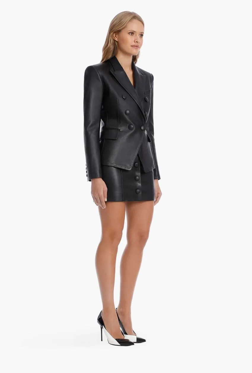 LXUNYI Black Leather Blazers Women Spring Autumn Slim Double Breasted Fashion Woman Faux Leather Jacket High Quality Formal Coat