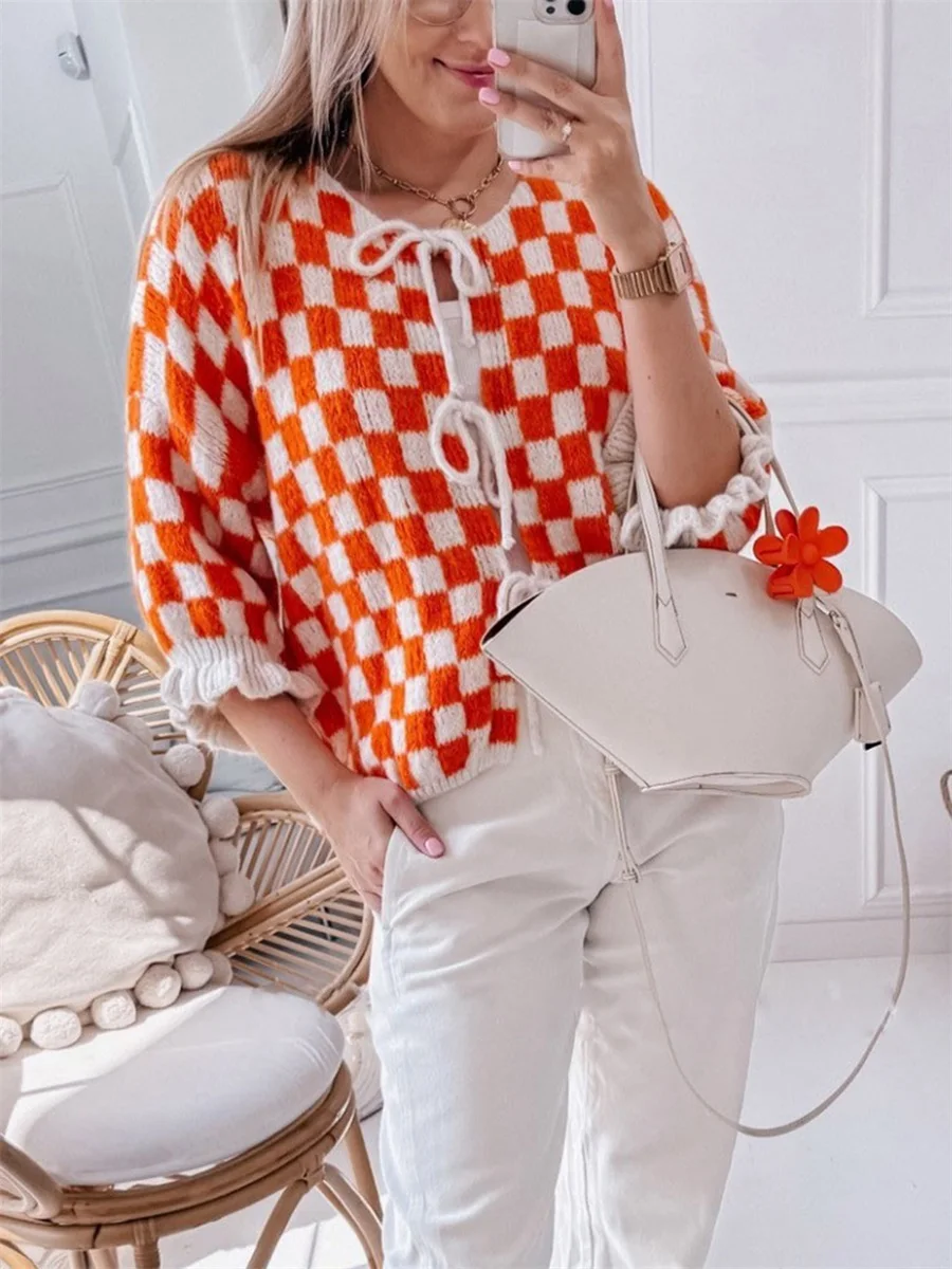 Women s Checkered Tie Front Cardigan Crew Neck Half Sleeve Tie-Up Knitted Sweater Casual Streetwear