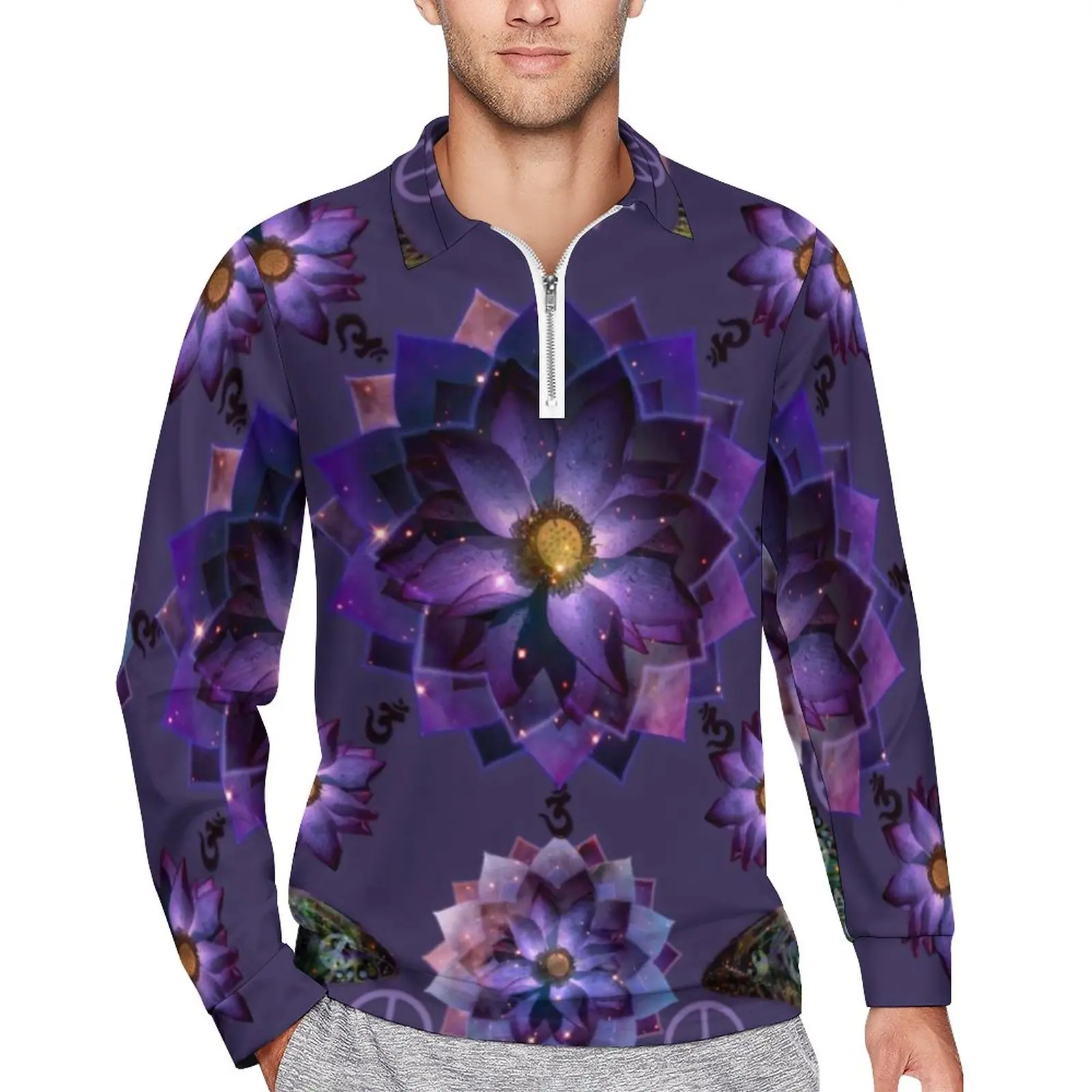 

Mystical Lotus Flower Mandala Loose Polo Shirts Man Spiritual Purple Floral Print Long-Sleeve Casual T-Shirts Retro Spring Shirt
