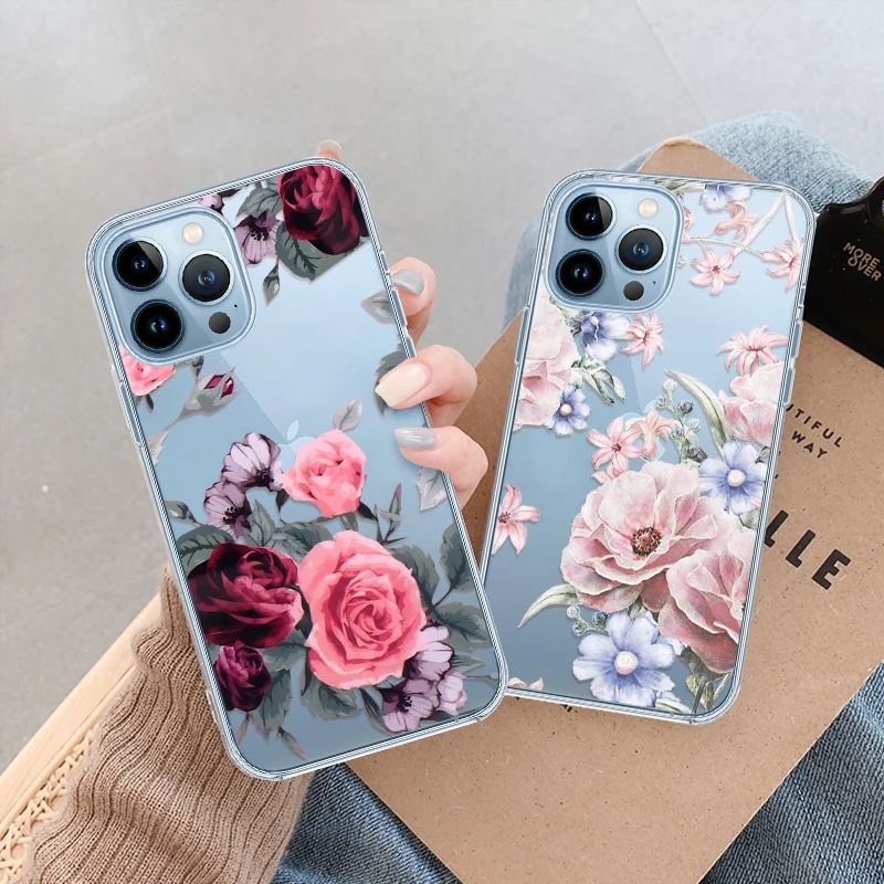 

Rose Phone Case For iPhone 13 Pro 12 Mini XS Max 7 Plus 8 SE 6 Flower Cases For iPhone 14 ProMax 11 X XR Transparent Soft Cover