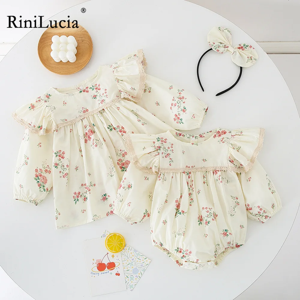 

RiniLucia 2022 Autumn Family Matching Sister Clothes Long Sleeves Floral Romper+Princess Baby Dress Twins Cute Clothes Outfits