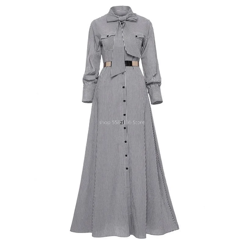 Women Striped Maxi Dress Floor-length Bowknot Tie Long Sleeve Loose Button Dress Spring Pocket Elegant A-line Casual Long Dress